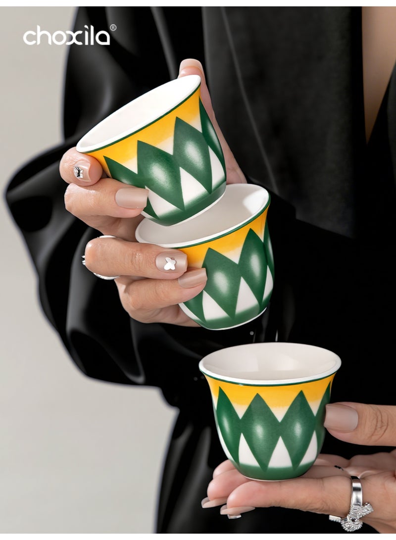 choxila 6pcs/set Finjān Cups, Traditional Pattern Porcelain Arabic Coffee Cawa Cup, 70ml Mini Ceramic Coffee Cups, Middle Eastern Style Geometric Pattern Coffee Mugs, Saudi Style Tea Cups, for Ramadan/Party/Wedding/Camping, Ramadan Gifts - Image 2